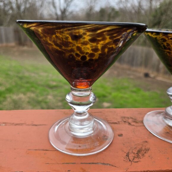 Vintage Hand-Blown AMICI Amber & Clear Tortoise Glass Martini Glass Set Of 4 - Picture 1 of 5